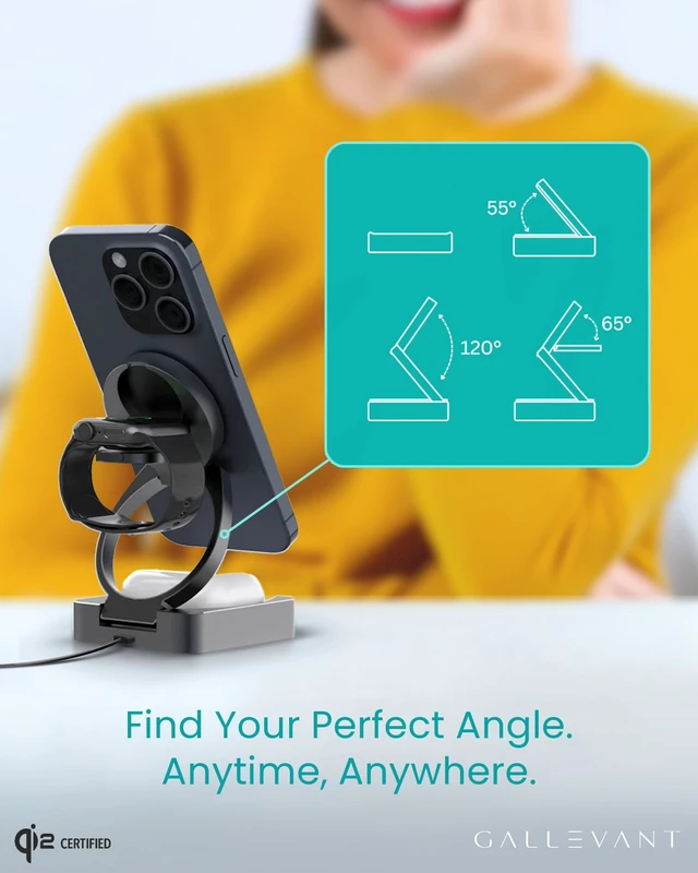 Alt view image 4 of 7 - Gallevant 3-1 Wireless Charger Stand - Wireless-Compatible. Qi2 Certified, 15W Foldable, Compatible with iPhone 16/15/14, Apple Watch Series 9 & Older, Earbuds Charger (White)