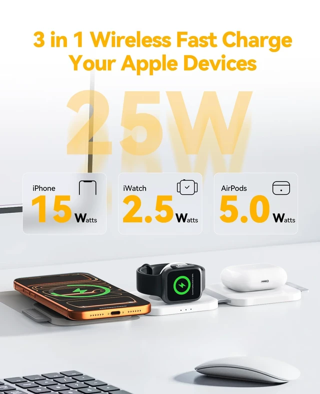 Alt view image 2 of 7 - 25W 3 in 1 Charging Station for Apple,Foldable Magnetic Wireless Charger | Travel Charging Pad for Multiple Devices iPhone 17 16 15 14 13 12 Pro Max Plus Apple Watch Series & AirPods 4/3/2/Pro