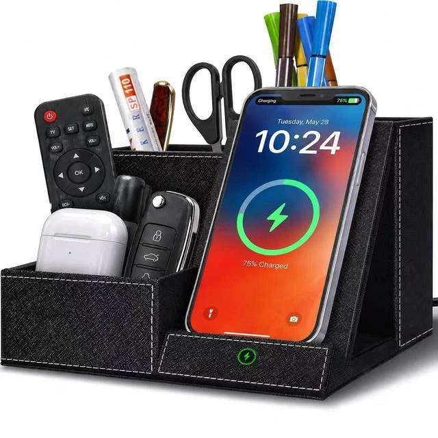 Main image of Desk Organizer with Wireless Charger, Multifunctional Desk Pen Holder | 3 Compartments and 1 Phone Stand Pen Pencil Holder, Desktop Organizer Accessories Organizer for Office Home School Supplies