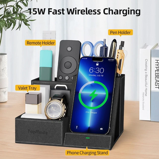 Alt view image 2 of 7 - Desk Organizer with Wireless Charger, Multifunctional Desk Pen Holder | 3 Compartments and 1 Phone Stand Pen Pencil Holder, Desktop Organizer Accessories Organizer for Office Home School Supplies