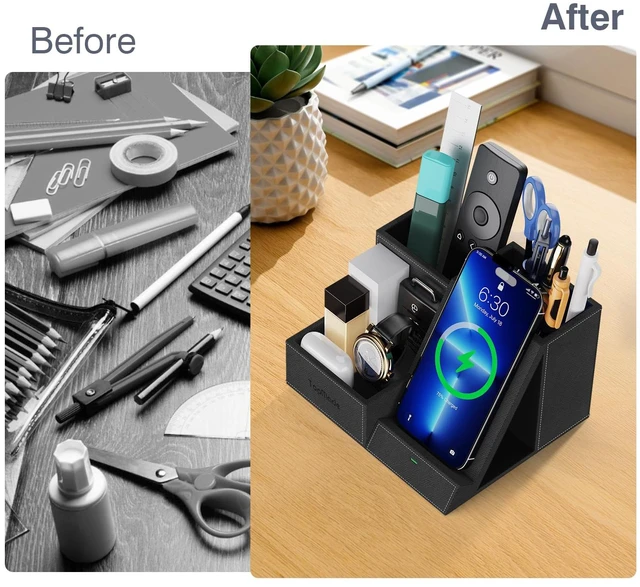 Alt view image 3 of 7 - Desk Organizer with Wireless Charger, Multifunctional Desk Pen Holder | 3 Compartments and 1 Phone Stand Pen Pencil Holder, Desktop Organizer Accessories Organizer for Office Home School Supplies