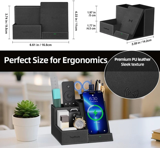 Alt view image 4 of 7 - Desk Organizer with Wireless Charger, Multifunctional Desk Pen Holder | 3 Compartments and 1 Phone Stand Pen Pencil Holder, Desktop Organizer Accessories Organizer for Office Home School Supplies