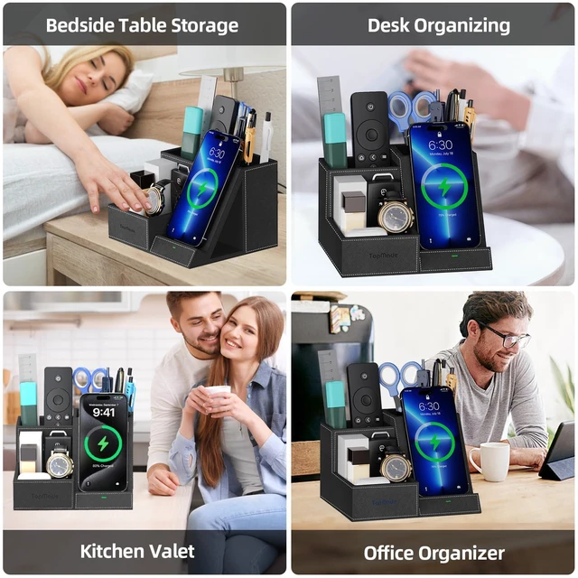 Alt view image 5 of 7 - Desk Organizer with Wireless Charger, Multifunctional Desk Pen Holder | 3 Compartments and 1 Phone Stand Pen Pencil Holder, Desktop Organizer Accessories Organizer for Office Home School Supplies