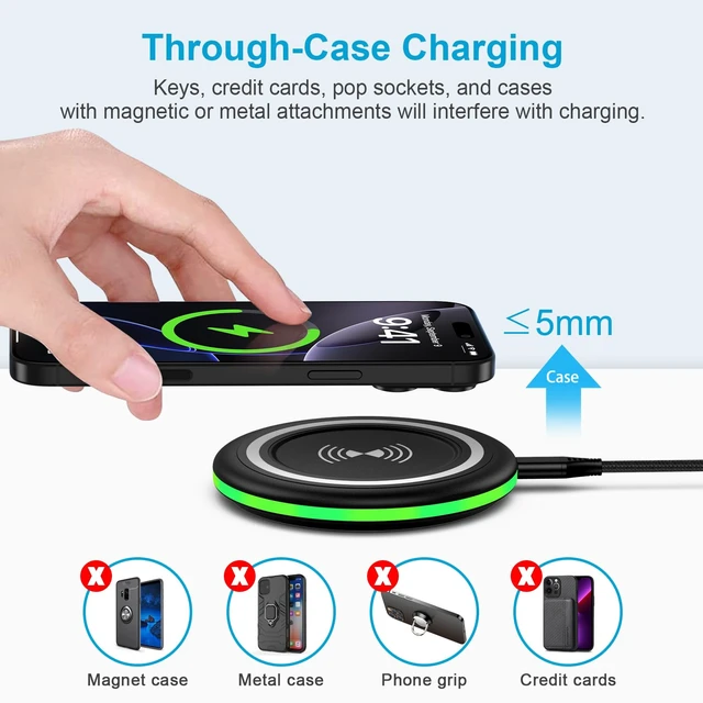 Alt view image 4 of 7 - 15W Samsung S26 Ultra Fast Wireless Charging Pad for Galaxy S26 S25 Ultra Android Wireless Charger with QC Adapter for iPhone 17e 16e 17 16 15 Pro Max Pixel 10a/10/9/9 Pro/9 Pro XL/Fold/8a/8 Pro/8/7a