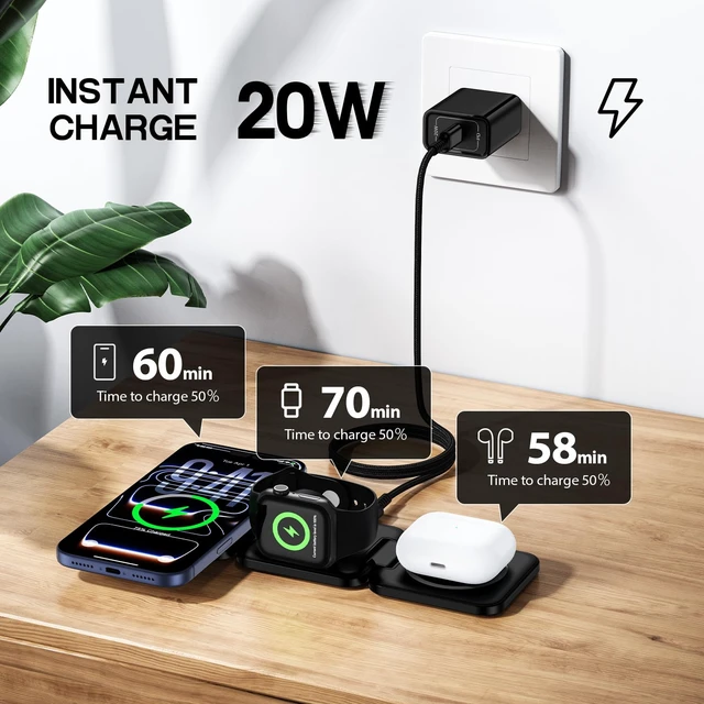 Alt view image 2 of 7 - Charger for iPhone and Apple Watch, Fodable 3 in 1 Charging Station | Multiple Devices Magnetic Wireless Charger Pad Dock for iPhone 17 16 15 14 13 12 Pro Max, iWatch Ultra 11 SE 10, Airpods 4 3