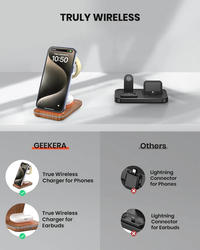 Alt view image 5 of 6 - GEEKERA Wireless Charger, 3 in 1 Wireless Charging Station for iPhone Air/17/16/15/14/13/12/11, Phone and Watch Charger Stand for Apple Watch Ultra 3-2/11-2/SE, AirPods Pro/4/3/2, Dark Wood