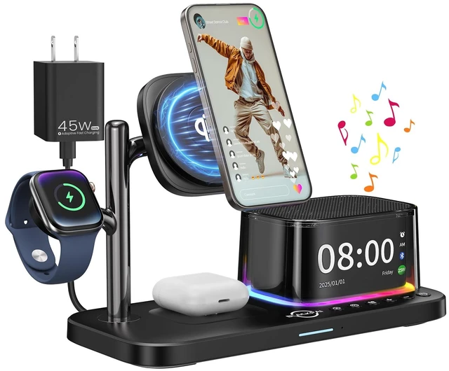 Main image of 7-in-1 Wireless Charging Station for Multiple Apple Devices Bluetooth Speaker Alarm Clock Night Light, Qi2.2 Charger Stand for iPhone 17/16/15 Pro Max Apple Watch Airpods 45W Adapter Included (Black)