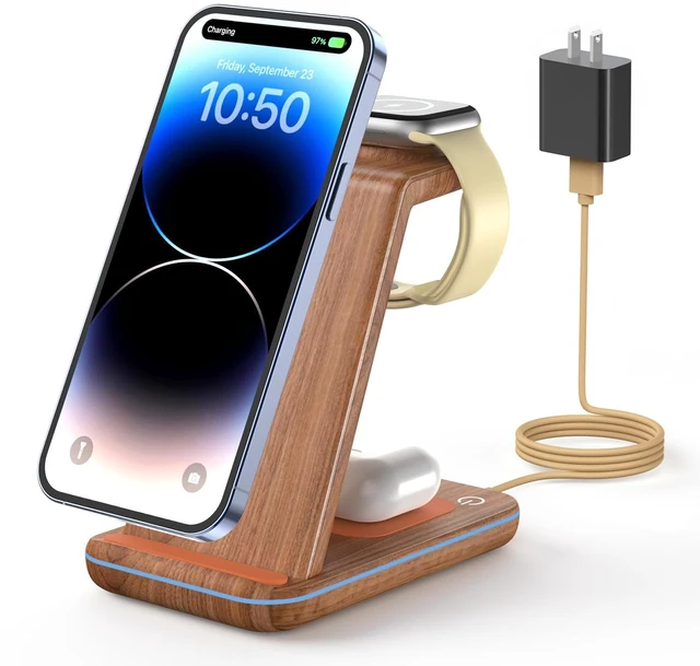 Main image of GEEKERA Wireless Charger, 3 in 1 Wireless Charging Station for iPhone Air/17/16/15/14/13/12/11, Phone and Watch Charger Stand for Apple Watch Ultra 3-2/11-2/SE, AirPods Pro/4/3/2, Dark Wood