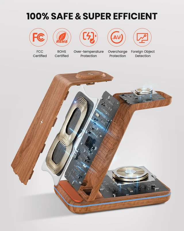 Alt view image 2 of 6 - GEEKERA Wireless Charger, 3 in 1 Wireless Charging Station for iPhone Air/17/16/15/14/13/12/11, Phone and Watch Charger Stand for Apple Watch Ultra 3-2/11-2/SE, AirPods Pro/4/3/2, Dark Wood