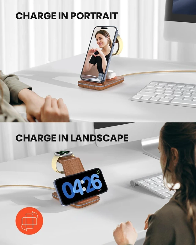 Alt view image 4 of 6 - GEEKERA Wireless Charger, 3 in 1 Wireless Charging Station for iPhone Air/17/16/15/14/13/12/11, Phone and Watch Charger Stand for Apple Watch Ultra 3-2/11-2/SE, AirPods Pro/4/3/2, Dark Wood