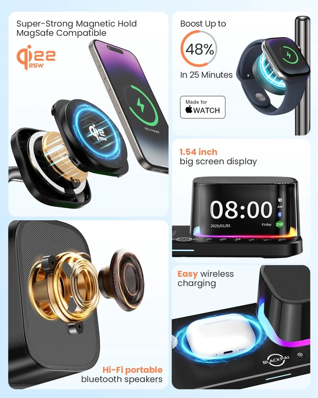Alt view image 5 of 7 - 7-in-1 Wireless Charging Station for Multiple Apple Devices Bluetooth Speaker Alarm Clock Night Light, Qi2.2 Charger Stand for iPhone 17/16/15 Pro Max Apple Watch Airpods 45W Adapter Included (Black)