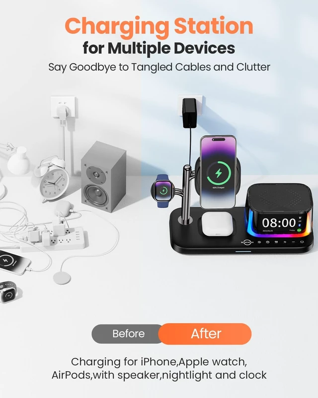 Alt view image 6 of 7 - 7-in-1 Wireless Charging Station for Multiple Apple Devices Bluetooth Speaker Alarm Clock Night Light, Qi2.2 Charger Stand for iPhone 17/16/15 Pro Max Apple Watch Airpods 45W Adapter Included (Black)