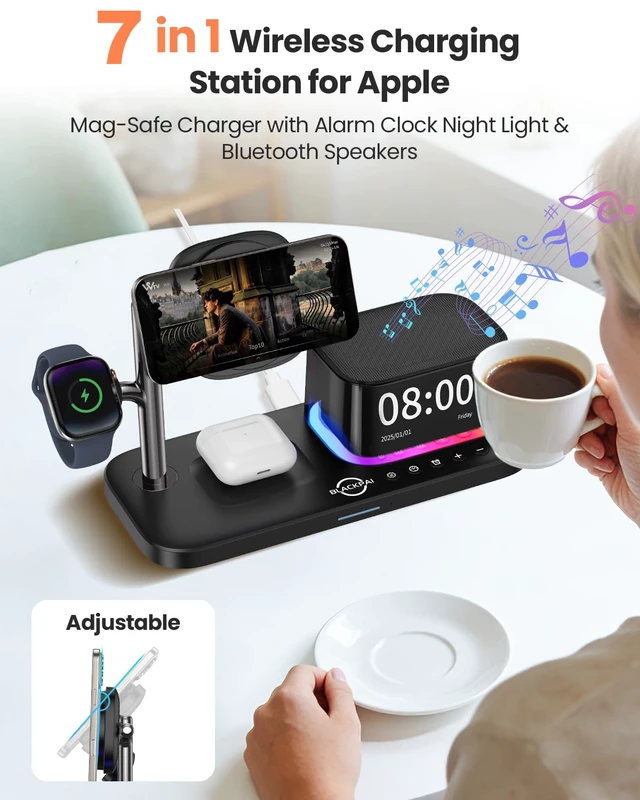 Alt view image 2 of 7 - 7-in-1 Wireless Charging Station for Multiple Apple Devices Bluetooth Speaker Alarm Clock Night Light, Qi2.2 Charger Stand for iPhone 17/16/15 Pro Max Apple Watch Airpods 45W Adapter Included (Black)