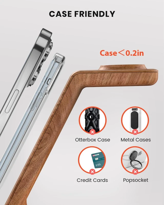 Alt view image 3 of 6 - GEEKERA Wireless Charger, 3 in 1 Wireless Charging Station for iPhone Air/17/16/15/14/13/12/11, Phone and Watch Charger Stand for Apple Watch Ultra 3-2/11-2/SE, AirPods Pro/4/3/2, Dark Wood