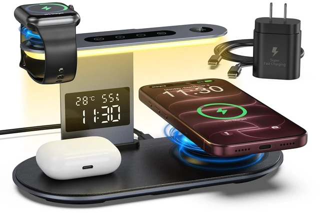Main image of Ankilo 5-in-1 Wireless Charger with Night Light for iPhone, iWatch, AirPods | Compatible with iPhone 12-18, Apple Watch 3-12, AirPods 2-5/Pro, Fast Charge, Includes Adapter, Bedside Night Light, Black