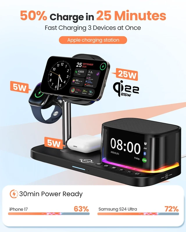 Alt view image 3 of 7 - 7-in-1 Wireless Charging Station for Multiple Apple Devices Bluetooth Speaker Alarm Clock Night Light, Qi2.2 Charger Stand for iPhone 17/16/15 Pro Max Apple Watch Airpods 45W Adapter Included (Black)