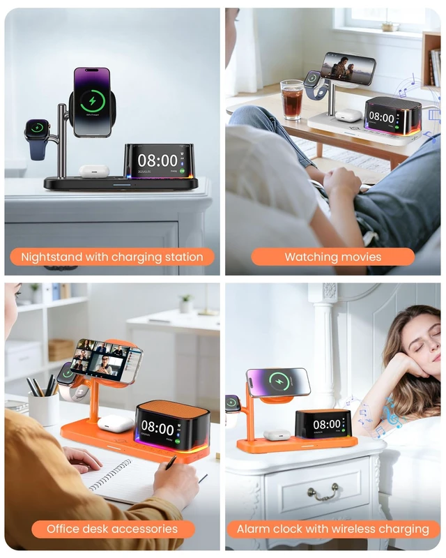 Alt view image 7 of 7 - 7-in-1 Wireless Charging Station for Multiple Apple Devices Bluetooth Speaker Alarm Clock Night Light, Qi2.2 Charger Stand for iPhone 17/16/15 Pro Max Apple Watch Airpods 45W Adapter Included (Black)