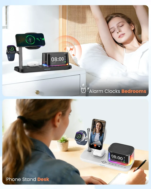 Alt view image 4 of 7 - 7-in-1 Wireless Charging Station for Multiple Apple Devices Bluetooth Speaker Alarm Clock Night Light, Qi2.2 Charger Stand for iPhone 17/16/15 Pro Max Apple Watch Airpods 45W Adapter Included (Black)