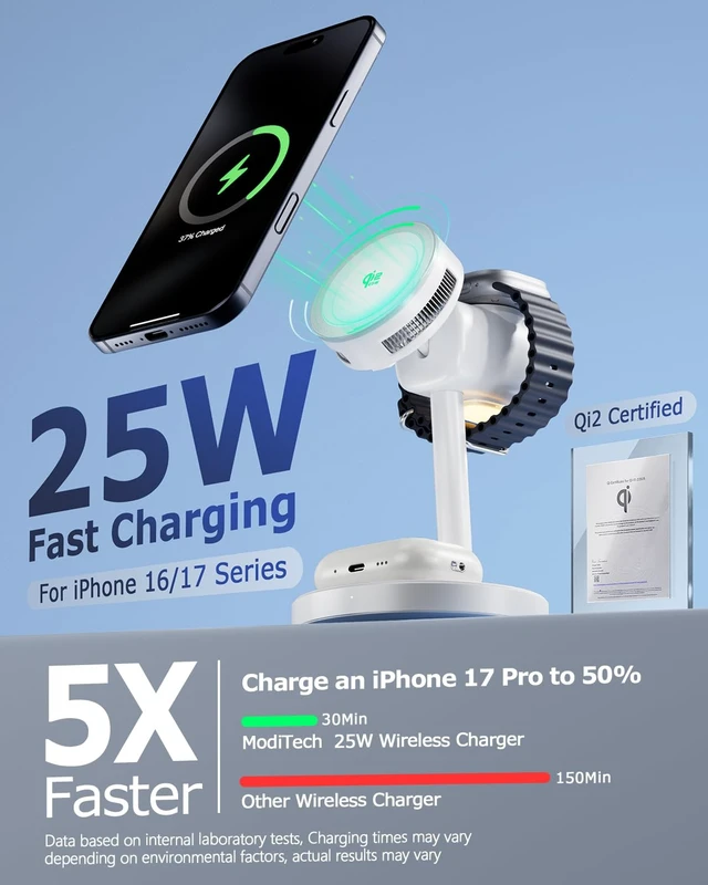Alt view image 2 of 7 - Korvalo Qi2.2 25W 3 in 1 Wireless Charging Station with Light for Apple | Magnetic MagSafe Charger Stand with TEC Cooling and Fan for iPhone 17-12, Apple Watch, AirPods Series, 45W Adapter