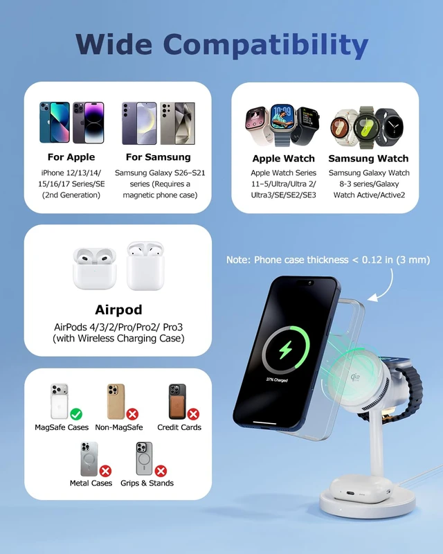 Alt view image 7 of 7 - Korvalo Qi2.2 25W 3 in 1 Wireless Charging Station with Light for Apple | Magnetic MagSafe Charger Stand with TEC Cooling and Fan for iPhone 17-12, Apple Watch, AirPods Series, 45W Adapter