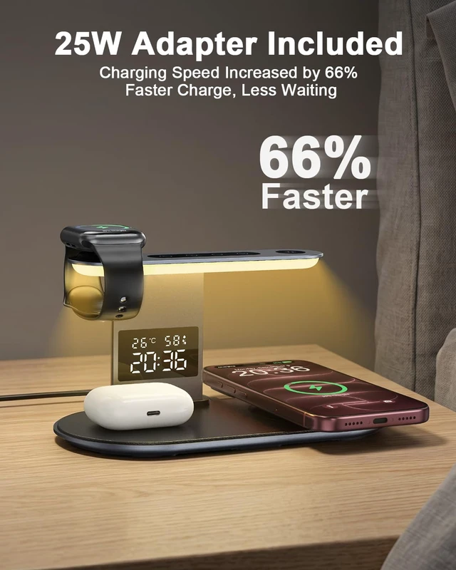 Alt view image 2 of 7 - Ankilo 5-in-1 Wireless Charger with Night Light for iPhone, iWatch, AirPods | Compatible with iPhone 12-18, Apple Watch 3-12, AirPods 2-5/Pro, Fast Charge, Includes Adapter, Bedside Night Light, Black