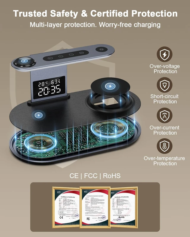 Alt view image 4 of 7 - Ankilo 5-in-1 Wireless Charger with Night Light for iPhone, iWatch, AirPods | Compatible with iPhone 12-18, Apple Watch 3-12, AirPods 2-5/Pro, Fast Charge, Includes Adapter, Bedside Night Light, Black