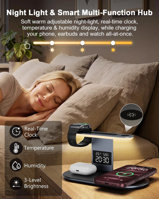 Alt view image 5 of 7 - Ankilo 5-in-1 Wireless Charger with Night Light for iPhone, iWatch, AirPods | Compatible with iPhone 12-18, Apple Watch 3-12, AirPods 2-5/Pro, Fast Charge, Includes Adapter, Bedside Night Light, Black