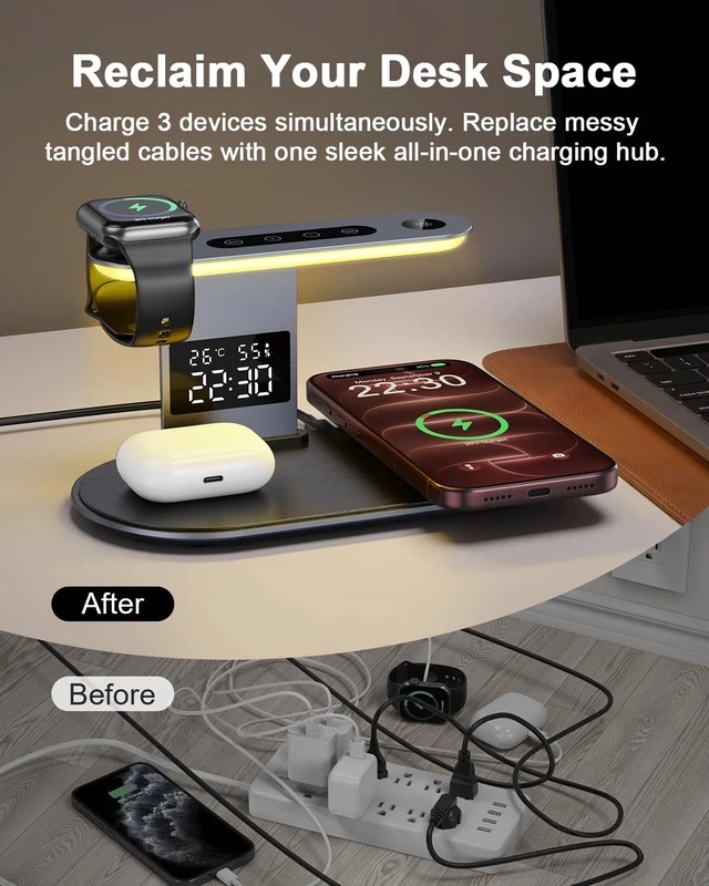 Alt view image 6 of 7 - Ankilo 5-in-1 Wireless Charger with Night Light for iPhone, iWatch, AirPods | Compatible with iPhone 12-18, Apple Watch 3-12, AirPods 2-5/Pro, Fast Charge, Includes Adapter, Bedside Night Light, Black
