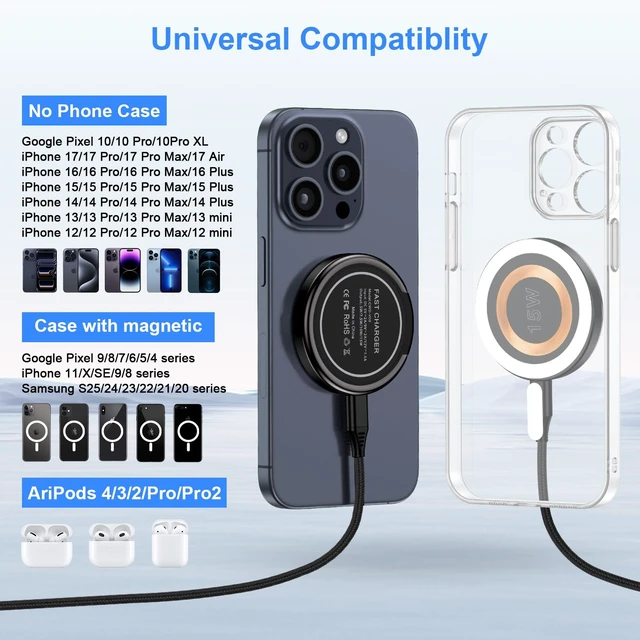 Alt view image 7 of 7 - Magnetic Wireless Charger for iPhone 18 Pro/18Pro Max/17/16/15/14/13/12 Series,AirPods3/2/Pro, 2Pack 15W Mag-Safe Charger Fast Charging Pad for Samsung S26/25/24/23, Pixelsnap Charger for Google Pixel