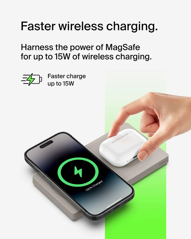 Alt view image 2 of 7 - Belkin MagSafe-Compatible 15W 2 in 1 Wireless Charger, Dual Pad | iPhone 16/15/14/13 Series, AirPods compatible, dual device fast charging station, Sand color, Magnetic