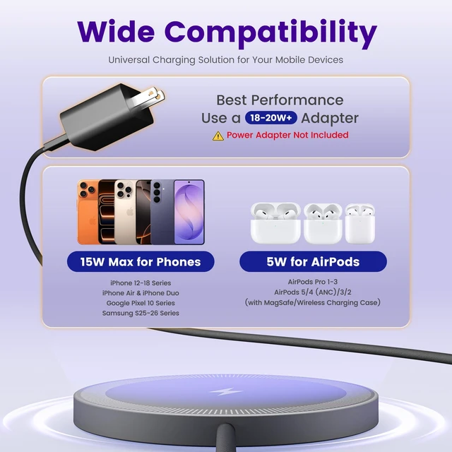 Alt view image 4 of 7 - 15W Wireless Charger for Apple MagSafe Charger, Magnetic Fast Charging Pad | Compatible for iPhone Duo 18 17 16 15 14 13 12 Pro Max, AirPods-Slim Portable for Desk Bedside - 3 Pack, Black