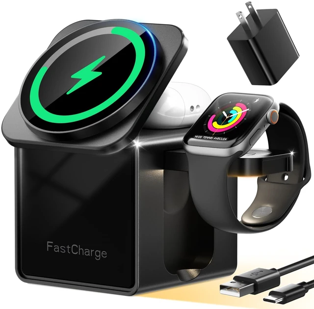 Main image of 3-in-1 Wireless Charging Station, 15W Magnetic Charger for Apple Devices | Compatible with MagSafe for iPhone 18 Pro/Pro Max & 17-12, Apple Watch & AirPods; Foldable Travel Stand, Night Light, Adapter