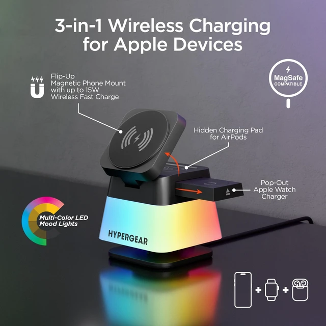 Alt view image 2 of 7 - HyperGear MagSafe 3-in-1 Cube Wireless Charging Stand | 15W Magnetic Phone Dock, MagSafe Cases Up To 3mm, Apple Watch And AirPods Charging, Foldable Cube, And Two LED Light Modes