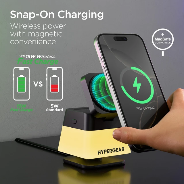 Alt view image 3 of 7 - HyperGear MagSafe 3-in-1 Cube Wireless Charging Stand | 15W Magnetic Phone Dock, MagSafe Cases Up To 3mm, Apple Watch And AirPods Charging, Foldable Cube, And Two LED Light Modes