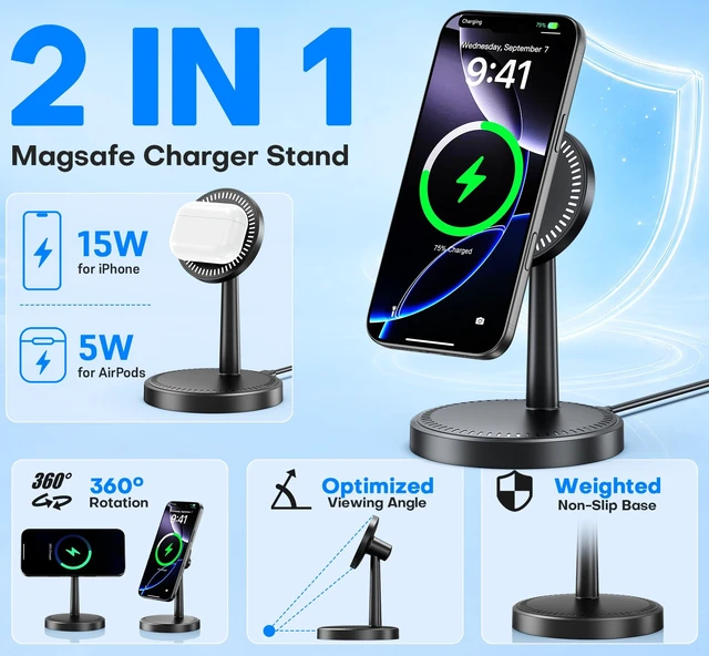 Alt view image 6 of 7 - 2-Pack Magnetic Wireless Charger for iPhone 18/17/16/15/14/13/12 Series | 15W Fast Magnetic Wireless Charging Stand for iPhone18 Pro/Pro Max/Duo /iPhone 17/16/15/14/13/12 Series and AirPods