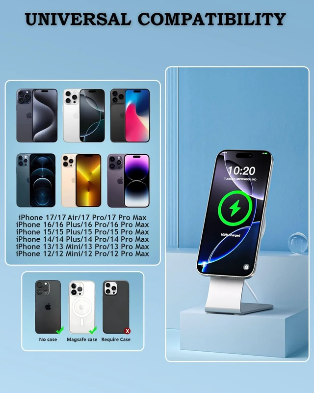 Alt view image 6 of 7 - Magnetic Wireless Charger for iPhone,Fast Magnetic MagSafe Wireless Charging Pad 15W 6FT Mag-Safe USB C Charger Aluminum Stand Desk for Apple iPhone Air/17 Pro Max/17 Pro/17/16ProMax/16/15/14,AirPods