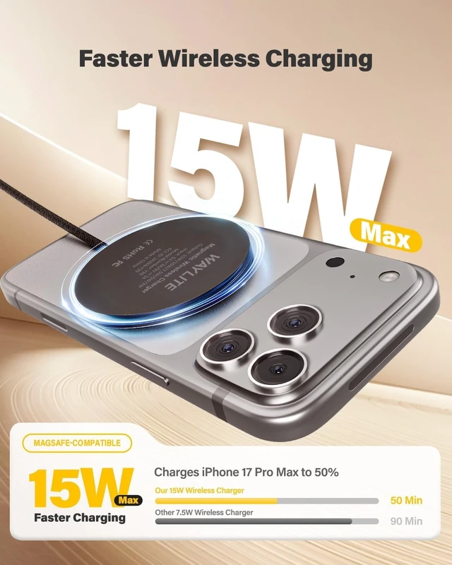 Alt view image 2 of 7 - 10FT Magnetic Wireless Charger Charging Pad - 15W Fast Phone Charger for Apple iPhone 17 16 15 14 13 12 Series & AirPods 4 3 2 Pro, Phone Charging Pad with Plug for Desk & Travel, 2Pack Black