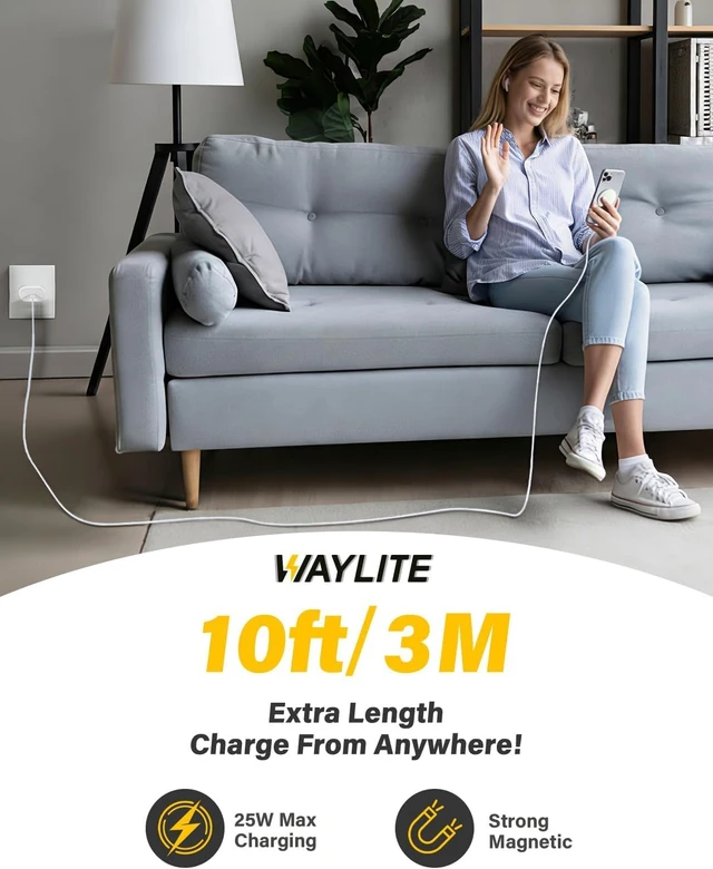Alt view image 5 of 7 - 10FT Magnetic Wireless Charger Charging Pad - 15W Fast Phone Charger for Apple iPhone 17 16 15 14 13 12 Series & AirPods 4 3 2 Pro, Phone Charging Pad with Plug for Desk & Travel, 2Pack Black