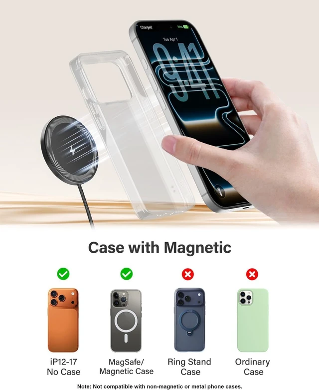 Alt view image 6 of 7 - 10FT Magnetic Wireless Charger Charging Pad - 15W Fast Phone Charger for Apple iPhone 17 16 15 14 13 12 Series & AirPods 4 3 2 Pro, Phone Charging Pad with Plug for Desk & Travel, 2Pack Black