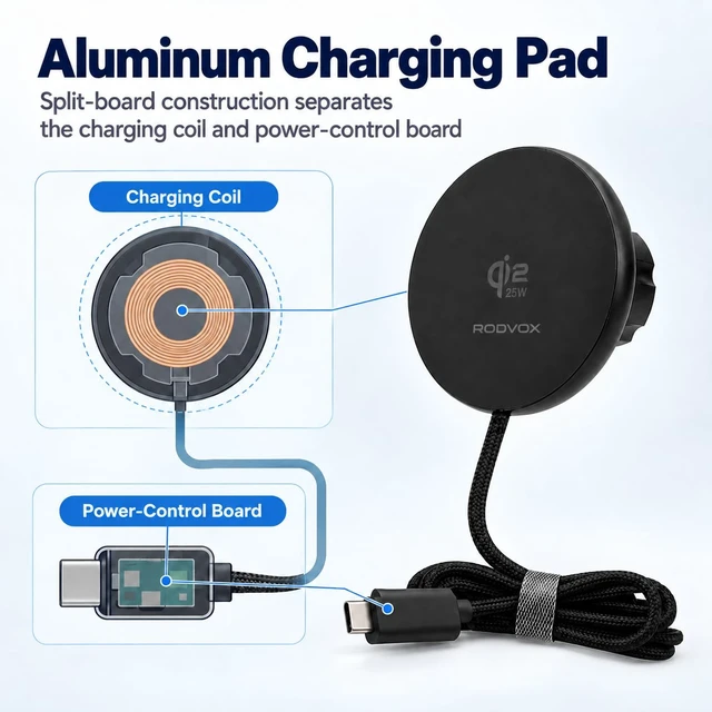 Alt view image 5 of 7 - Qi2.2 25W Magnetic Wireless Car Charger for iPhone, 17mm Ball Head | Thickened dual-ring magnets, aluminum-alloy housing, integrated 1.5 m braided USB-C cable, and 2 included magnetic rings