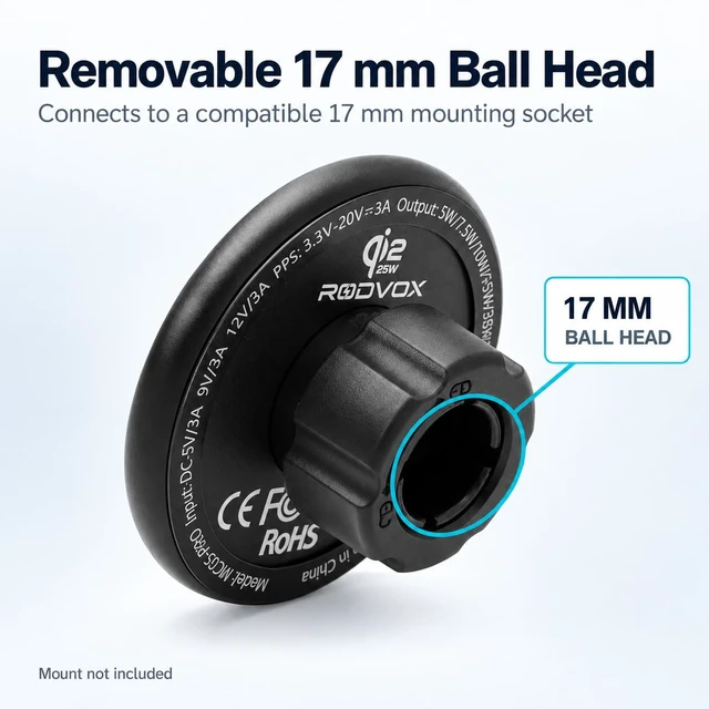 Alt view image 3 of 7 - Qi2.2 25W Magnetic Wireless Car Charger for iPhone, 17mm Ball Head | Thickened dual-ring magnets, aluminum-alloy housing, integrated 1.5 m braided USB-C cable, and 2 included magnetic rings