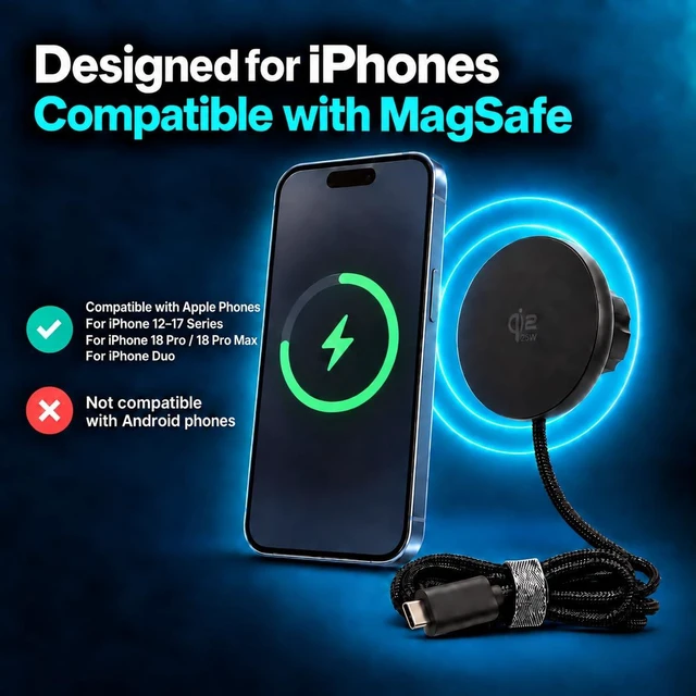 Alt view image 7 of 7 - Qi2.2 25W Magnetic Wireless Car Charger for iPhone, 17mm Ball Head | Thickened dual-ring magnets, aluminum-alloy housing, integrated 1.5 m braided USB-C cable, and 2 included magnetic rings