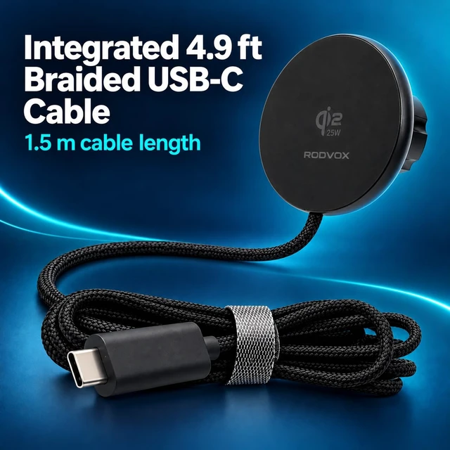 Alt view image 6 of 7 - Qi2.2 25W Magnetic Wireless Car Charger for iPhone, 17mm Ball Head | Thickened dual-ring magnets, aluminum-alloy housing, integrated 1.5 m braided USB-C cable, and 2 included magnetic rings