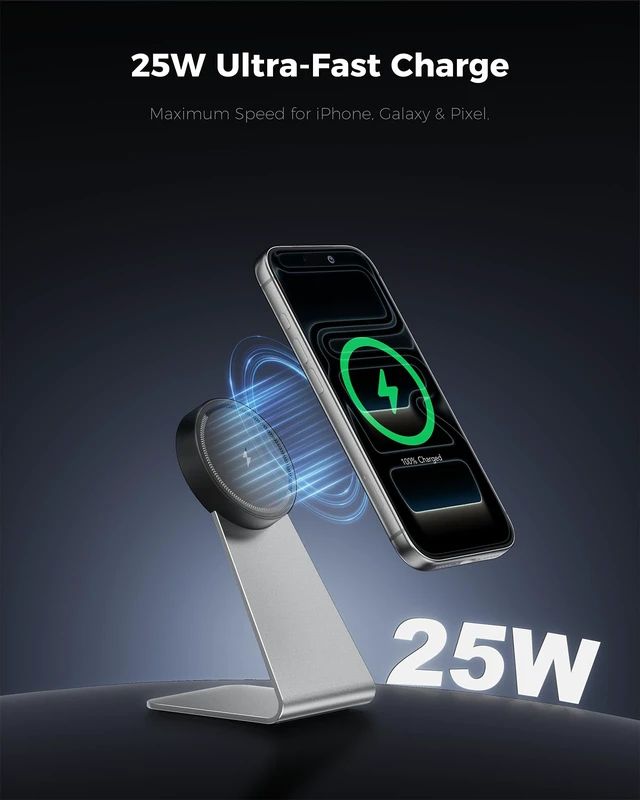 Alt view image 2 of 7 - GOWATT 25W Qi2.2 Magnetic Charger Stand MagSafe Compatible for iPhone | 360° Rotating Magnetic Design, Portrait & Landscape Viewing, Strong Hold, Aluminum Desktop Stand, Hands-Free Use, Pixelsnap