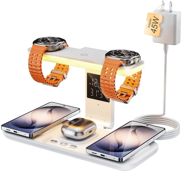 Main image of 7 in 1 Wireless Charging Station for Samsung Galaxy Dual Watch Charger | 45w for dual Samsung phone 2026 Z Fold8/7/6,S26 Ultra,dual Galaxy Watch 8/Ultra,Nightlight,Clock,Temp&Humidity Display