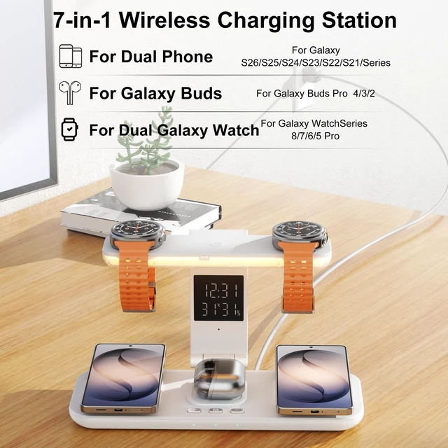 Alt view image 3 of 7 - 7 in 1 Wireless Charging Station for Samsung Galaxy Dual Watch Charger | 45w for dual Samsung phone 2026 Z Fold8/7/6,S26 Ultra,dual Galaxy Watch 8/Ultra,Nightlight,Clock,Temp&Humidity Display