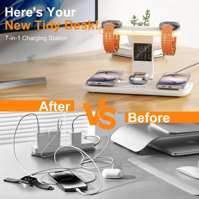 Alt view image 4 of 7 - 7 in 1 Wireless Charging Station for Samsung Galaxy Dual Watch Charger | 45w for dual Samsung phone 2026 Z Fold8/7/6,S26 Ultra,dual Galaxy Watch 8/Ultra,Nightlight,Clock,Temp&Humidity Display