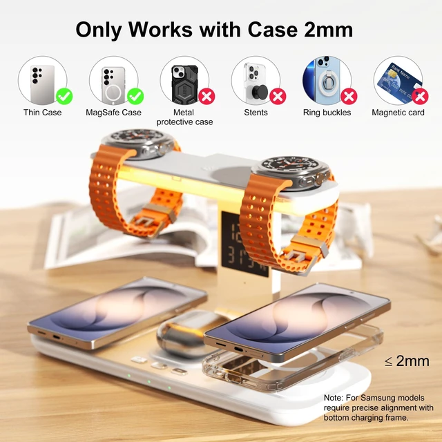 Alt view image 7 of 7 - 7 in 1 Wireless Charging Station for Samsung Galaxy Dual Watch Charger | 45w for dual Samsung phone 2026 Z Fold8/7/6,S26 Ultra,dual Galaxy Watch 8/Ultra,Nightlight,Clock,Temp&Humidity Display