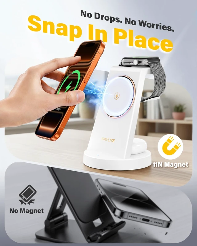 Alt view image 5 of 7 - 3 in 1 Fast Charging Station for iPhone, 25W Wireless Magnetic Phone Charger for iPhone 17 16e 16 15 14 13 12 Serise, Watch Charger Stand, Wireless Charging Station for AirPods 4 3 Pro, White