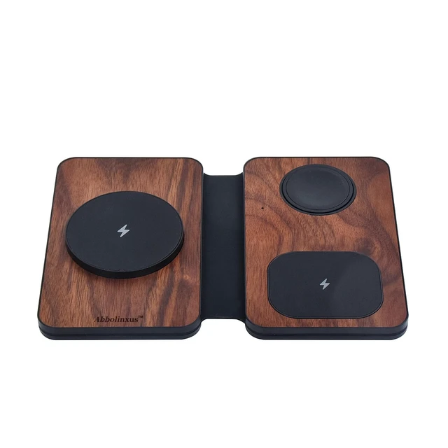 Alt view image 2 of 7 - 3-in-1 Charging Station for Apple Devices, Fast Mag Safe Wireless Charger, Foldable Travel Charger for Cell Phone 16-12 Series, AirPods, and iWatch Series (wulnut Wood)